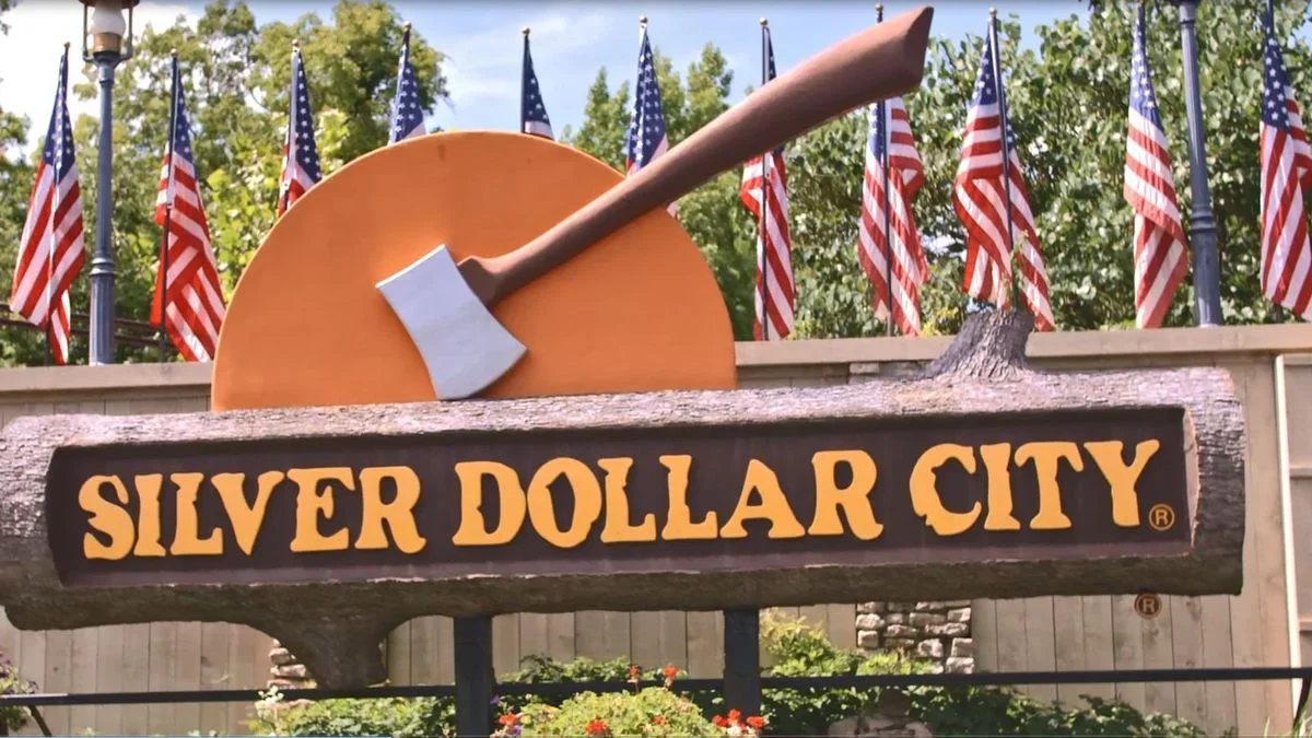 Close up of the sign for Silver Dollar City in Branson, Missouri, USA
