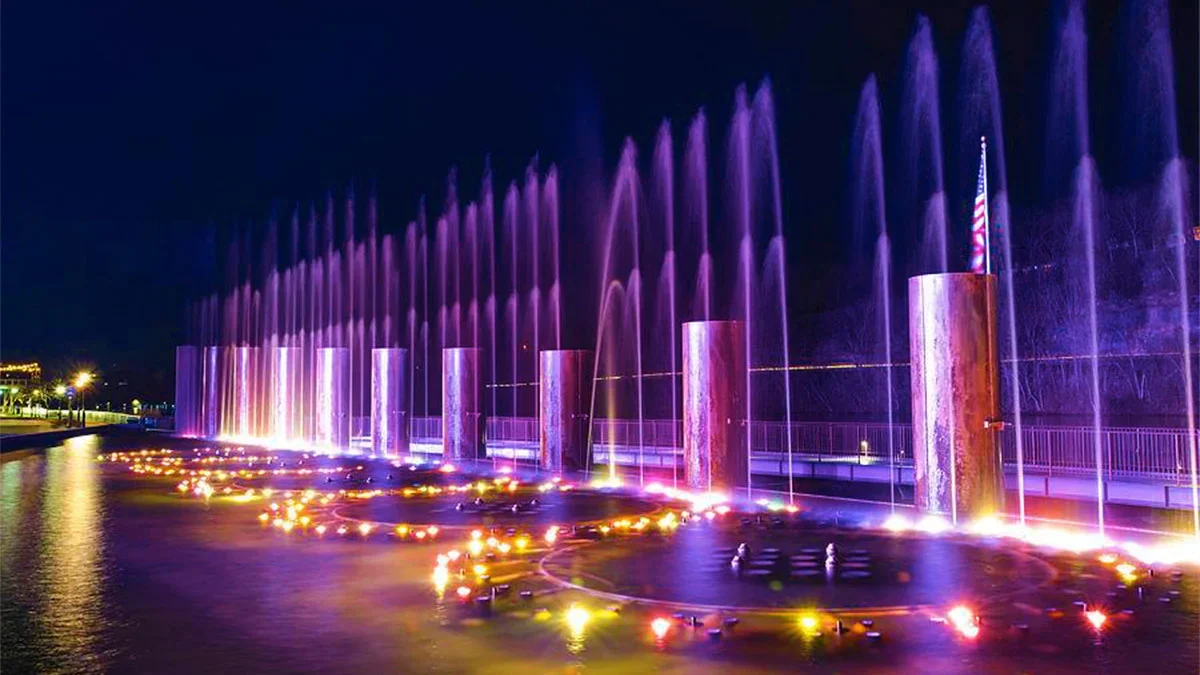 Branson Landing Fountains at night - Branson, Missouri, USA