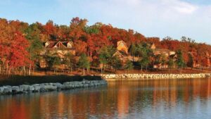 wide view of StoneBridge Resort Branson with water and cabins in Branson, Missouri, USA