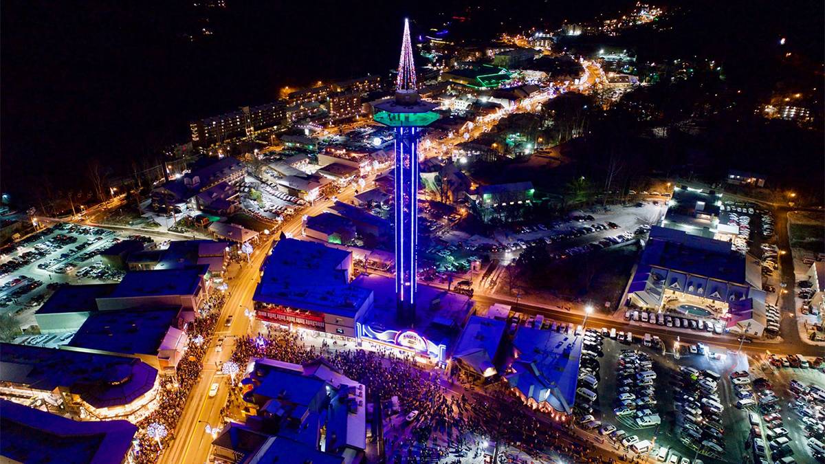 Aerial view of the Gatlinburg Space Needle ready for the ball drop on New Years Eve in Gatlinburg, Tennessee, USA