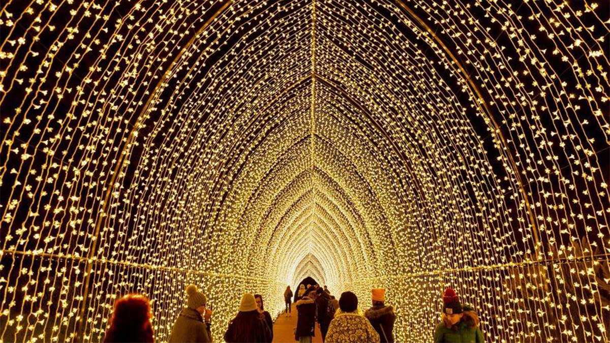 Archway of twinkling lights at Lightscape at the LA Arboretum in Los Angeles, California, USA