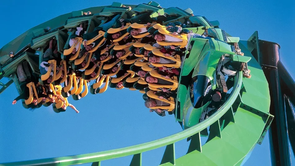 People Riding The Riddler’s Revenge at Six Flags Magic Mountain - Los Angeles, California, USA