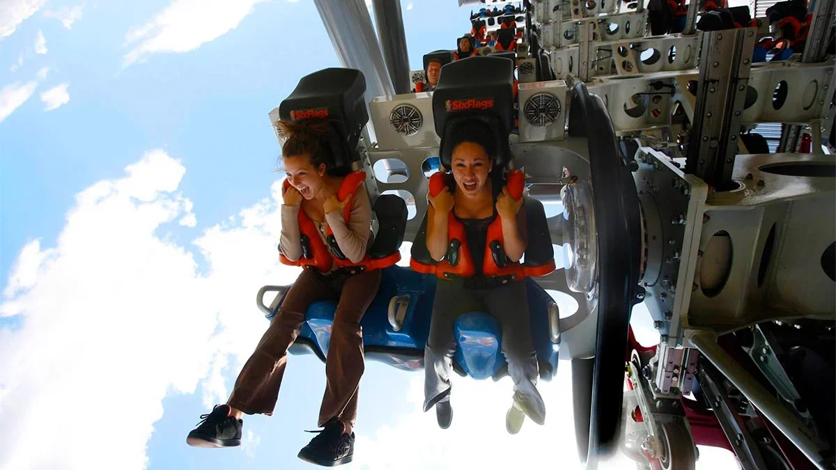 People riding X2 at Six Flags Magic Mountain - Los Angeles, California, USA