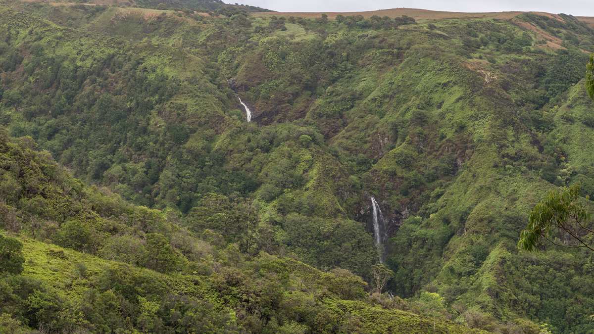 view from a distance over mountains to the Makamakaole Falls in Maui, Hawaii, USA