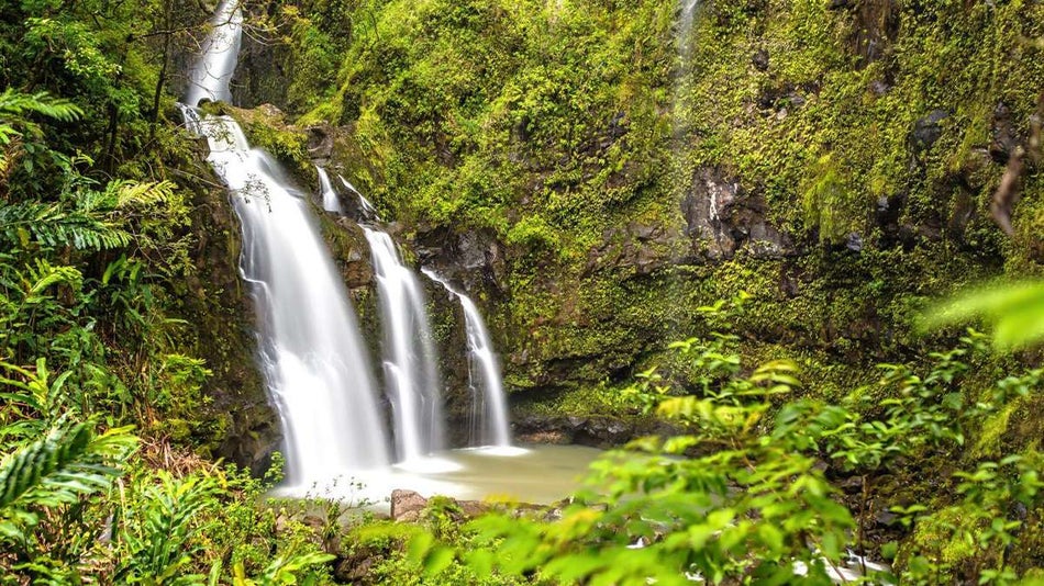 beautiful lower view of three bears falls and waikani falls in maui hawaii, USA