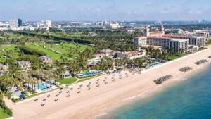 Aerial view of the The Breakers Palm Beach showing all of the amenities on a sunny day in Miami, Florida, USA