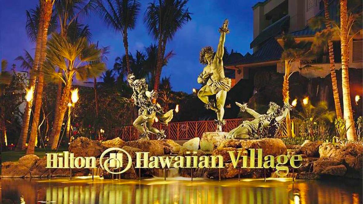 Entrance sign for Hilton Hawaiian Village Waikiki Beach Resort - Oahu, Hawaii, USA