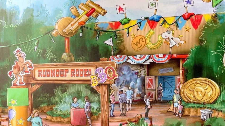 Artist rendering of entrance to Woody’s Roundup Rodeo BBQ 