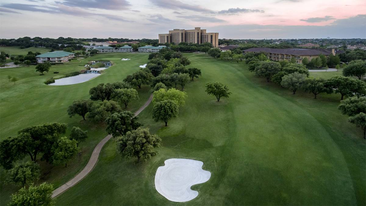 aerial drone view over the Four Seasons Golf and Sports Club in Orlando, Florida, USA