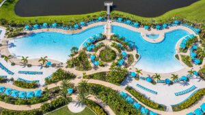 Aerial view of the bright blue pool at Margaritaville Resort Orlando in Orlando, Florida, USA