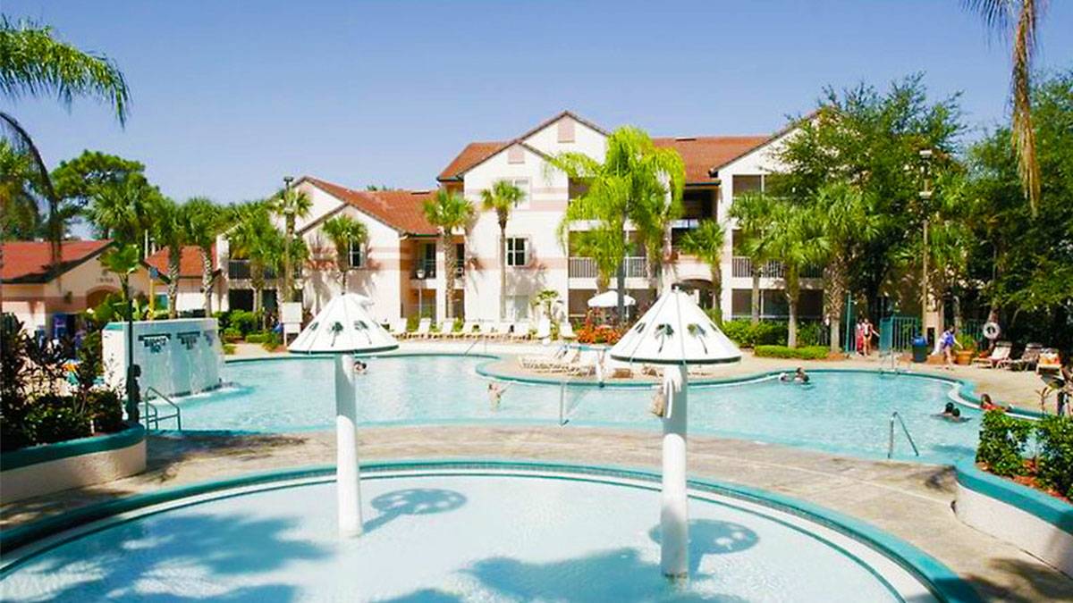 exterior view of pool and hotel at Westgate Blue Tree Resort in Orlando, Florida, USA