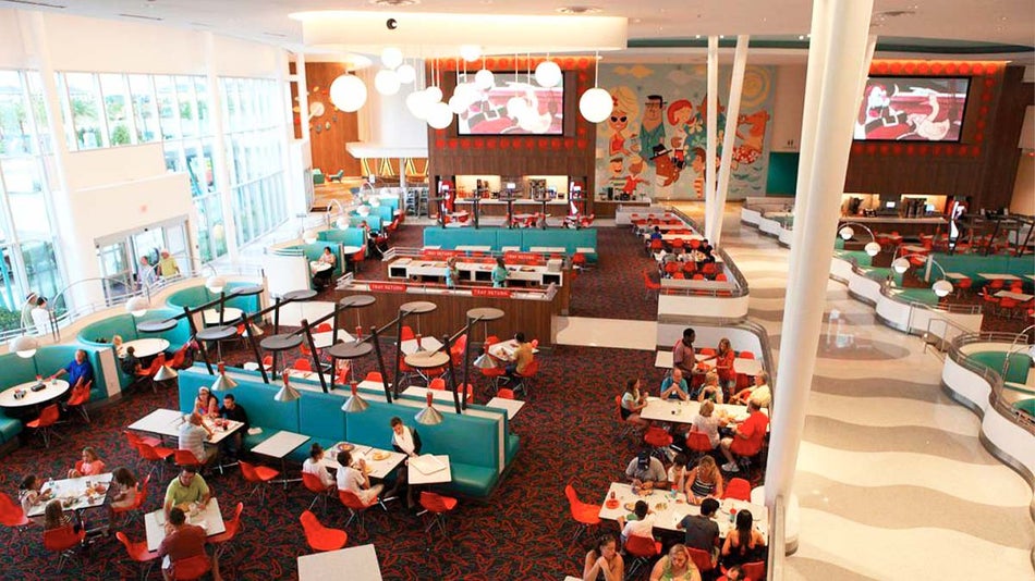 aerial view of people eating in the dinning hall at Bayliner Diner at Universal's Cabana Bay Beach Resort in Orlando, Florida, USA