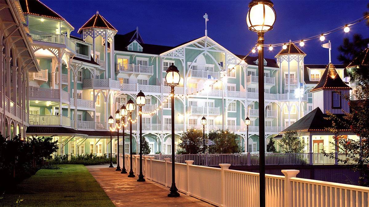 exterior view at night of disney's beach club villas in Orlando, Florida, USA