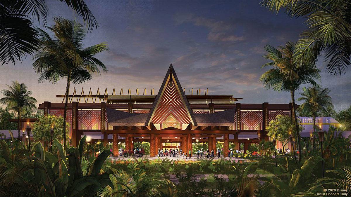 artist concept of exterior view of Disney's Polynesian Village Resort in Orlando, Florida, USA