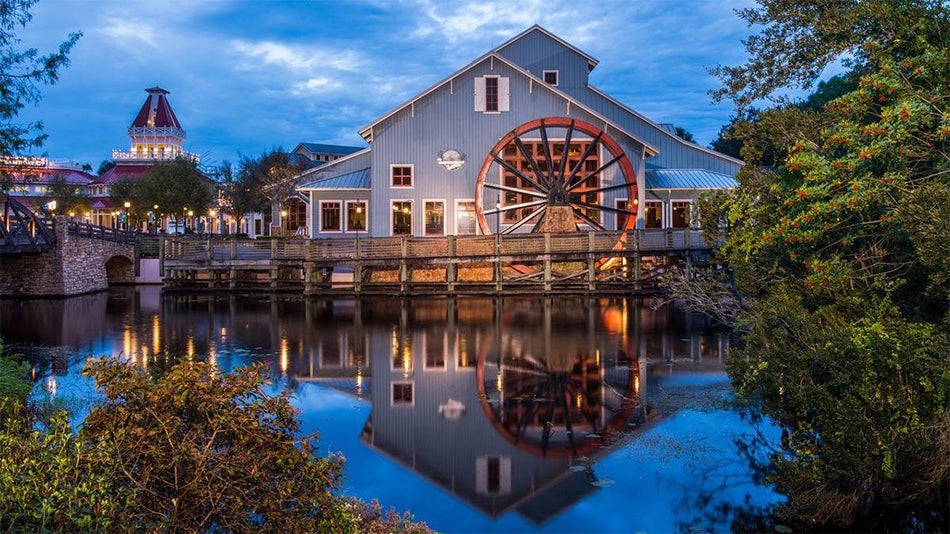 exterior night view of Disney's Port Orleans Resort in Orlando, Florida, USA