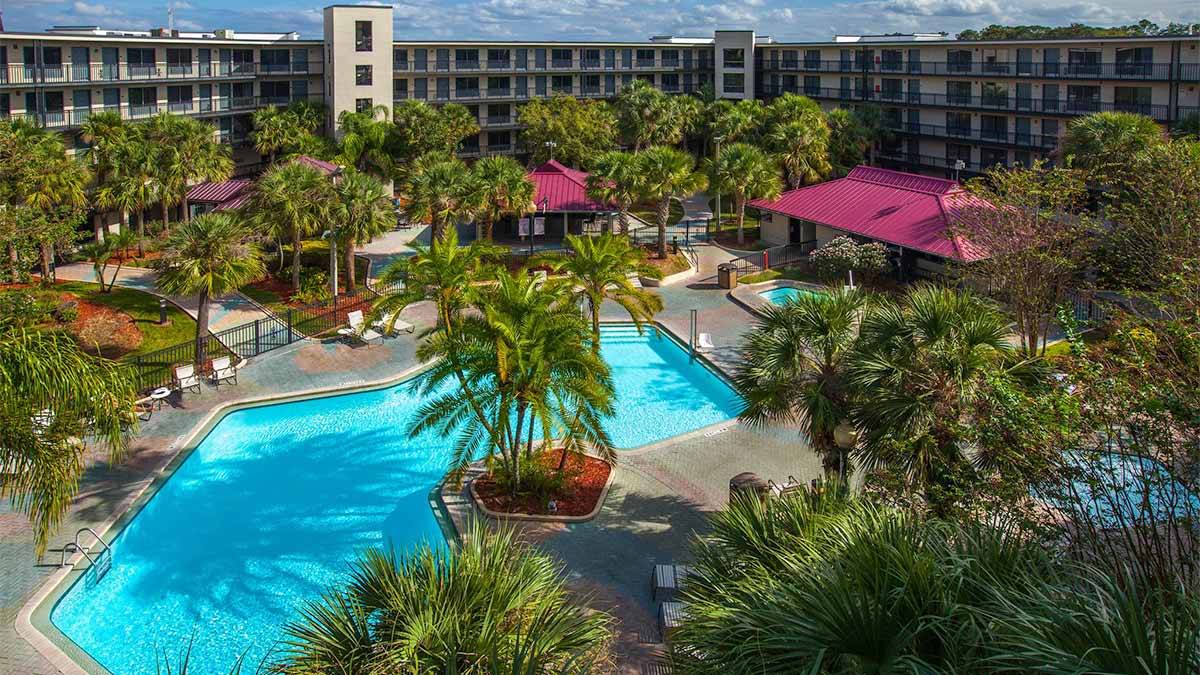 exterior aerial view of pool at Staybridge Suites Orlando Royale Parc Suites in Orlando, Florida, USA
