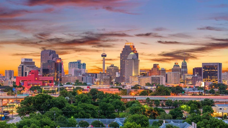 view of downtown skyline of San Antonio Texas USA at sunset