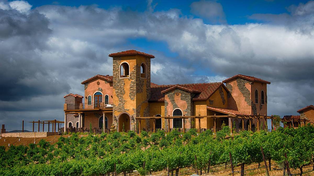 Wide shot of a large terra-cotta colored building with many levels and rows of grapes in front of it at Robert Renzoni Vineyards in San Diego, California, USA