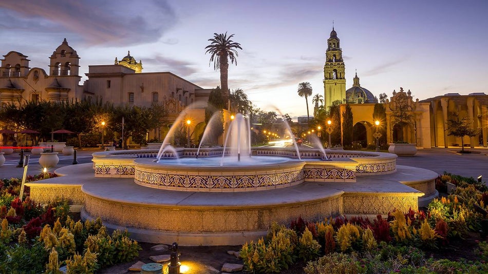 Balboa Park Fountains at Dusk - San Diego, California, USA