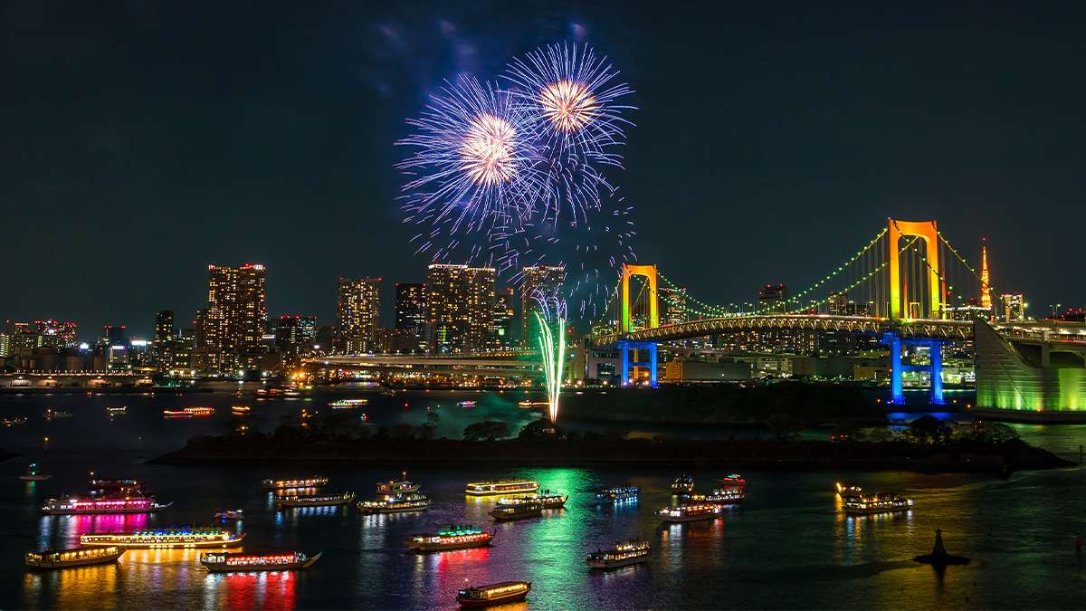 Wide shot of several boats in the water with fireworks above them with the Golden Gate Bridge and city in the back ground in San Francisco, California, USA