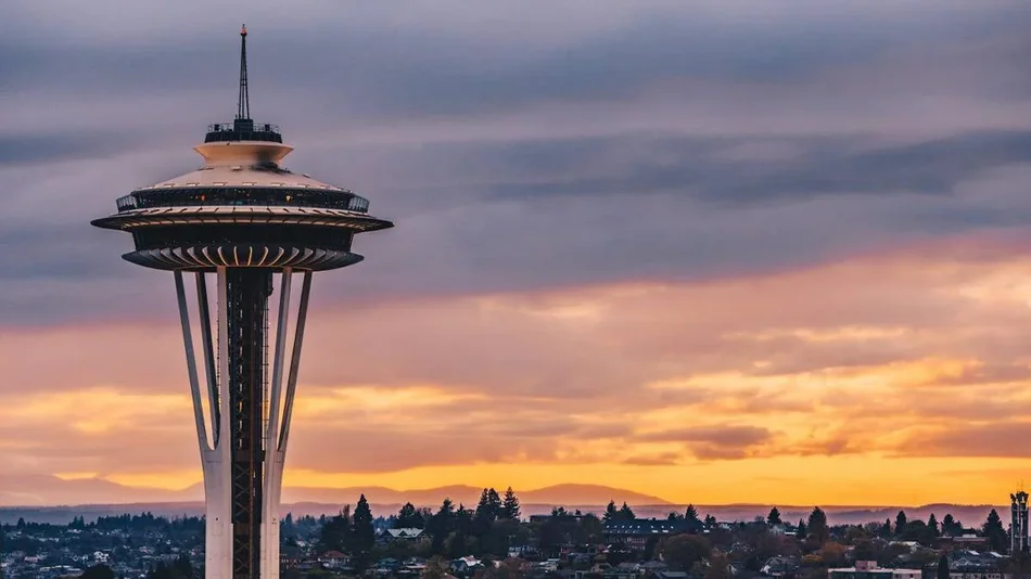 aerial view of the space need at sunset in Seattle, Washington USA