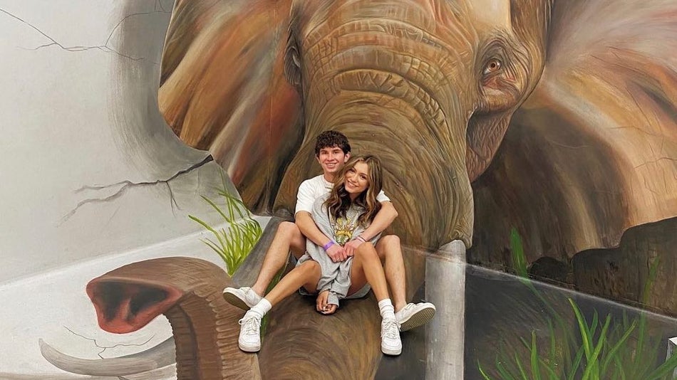 Couple sitting on a painted mural of an elephant at the Museum of Illusions in LA