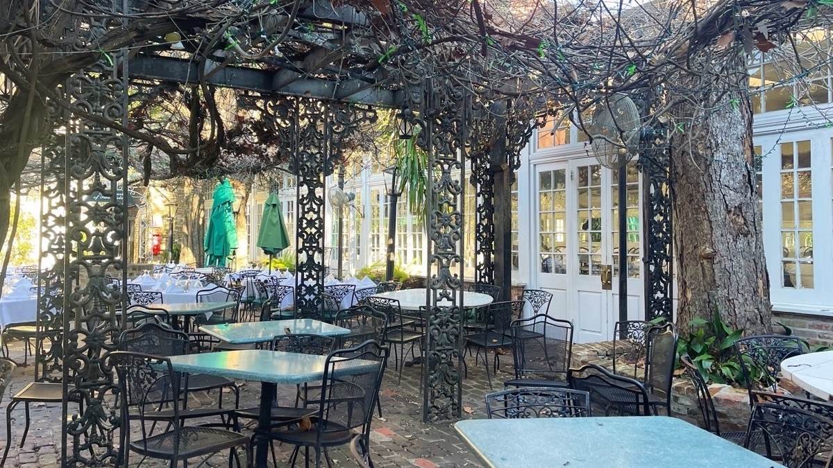 outdoor patio furniture under a metal pergola with vines