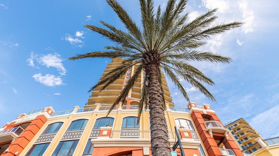Up angle of palm tree in front of orange shopping building at harborwalk village in destin