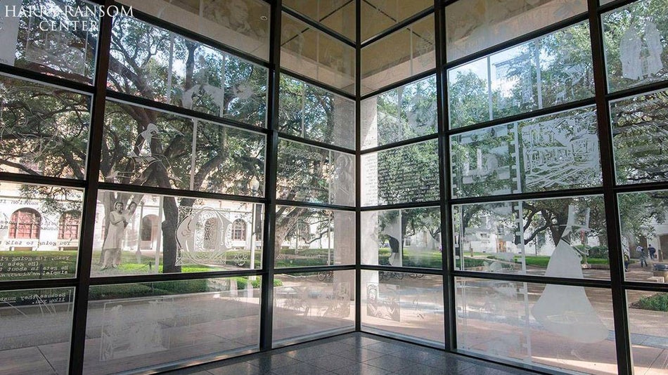 Corner where two glass walls meet with art etched looking out onto a garden area