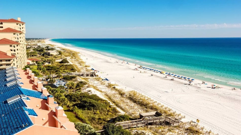 Wide shot of hotels and beach on the Gulf Coast of Florida