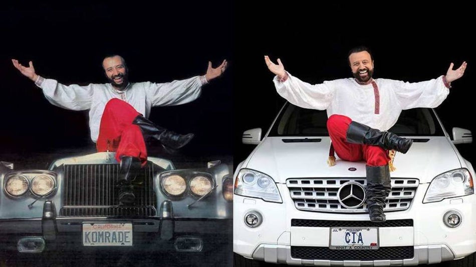 mirrored photo of Yakov sitting on the hood of a car in a white shirt and red pants