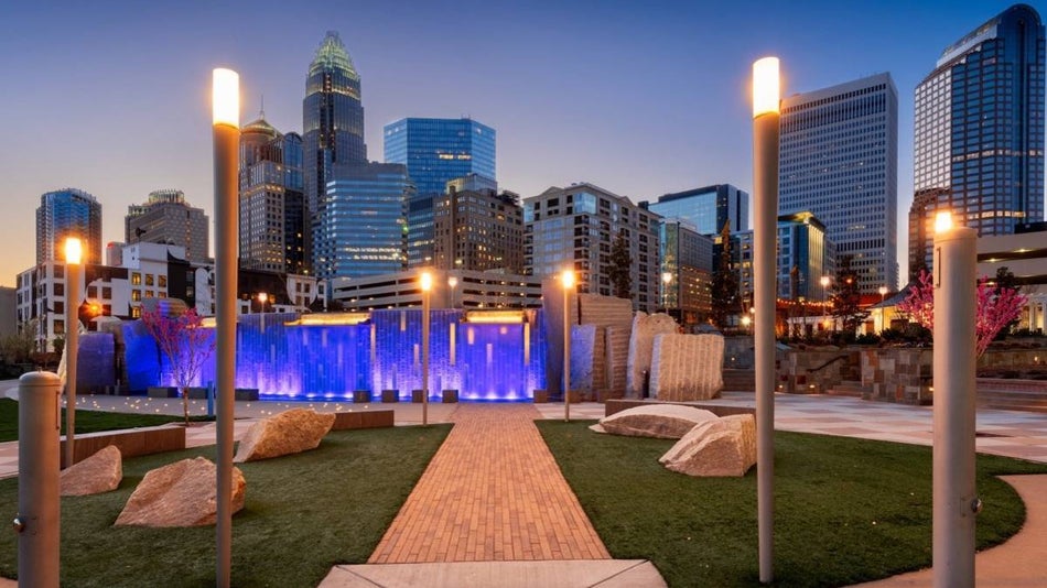 View of skyline from uptown park in Charlotte at dusk