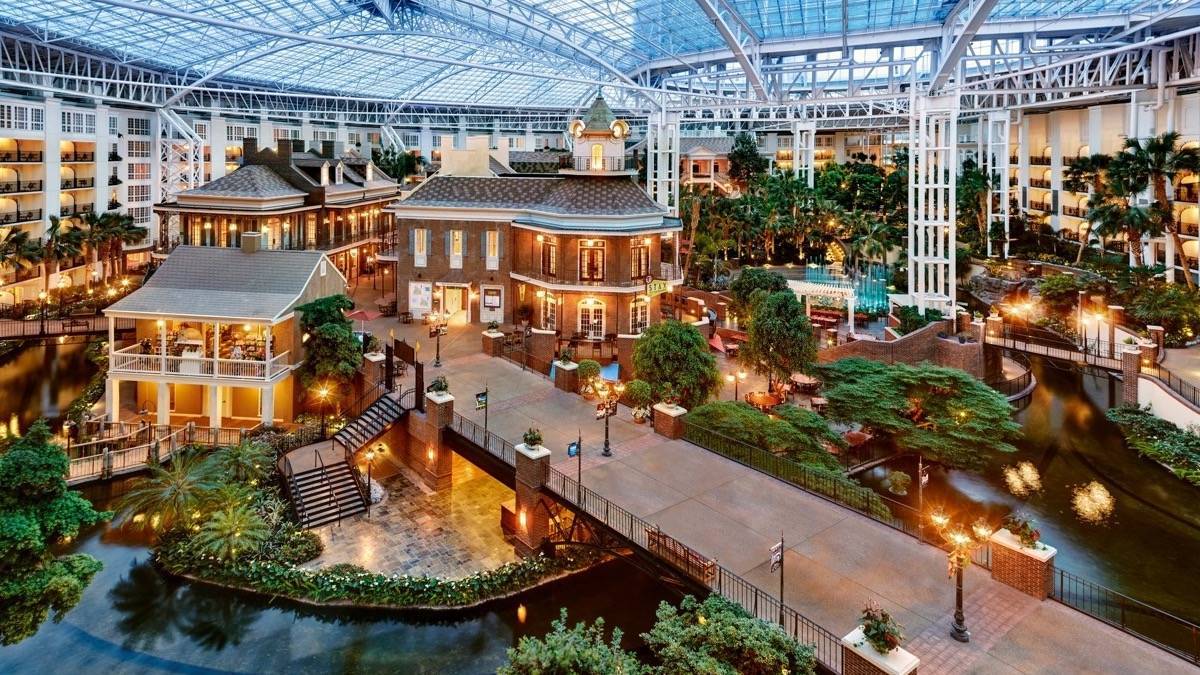 Aerial view of the inside of the Gaylord Opryland Resort garden area under a huge glass roof