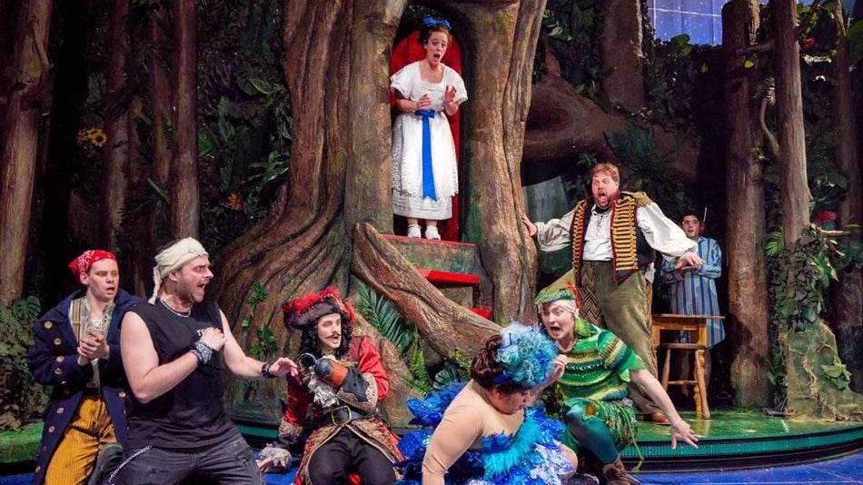 Cast members of Peter Pan Goes wrong looking shocked on the set