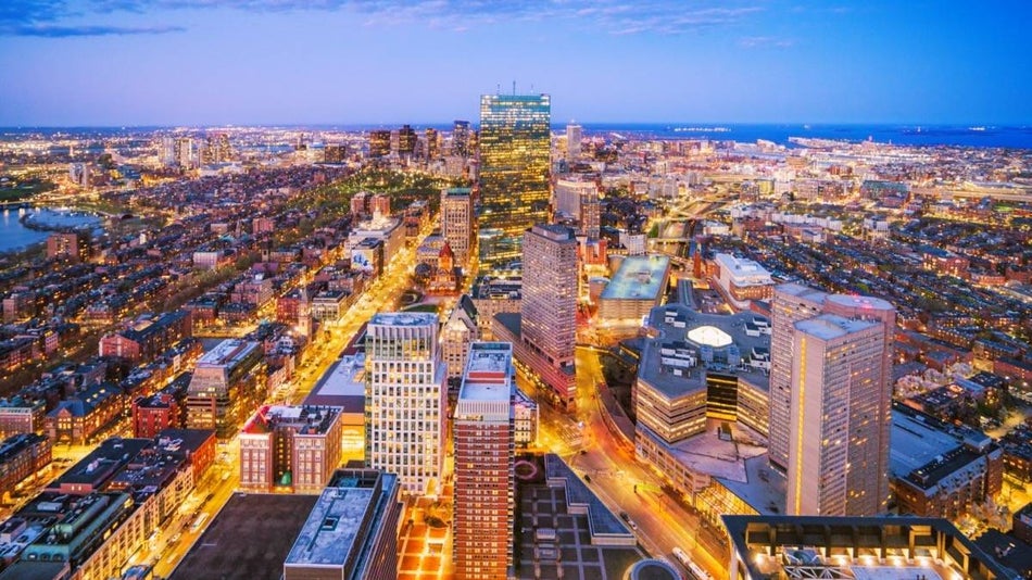 Wide shot of Boston city skyline at night