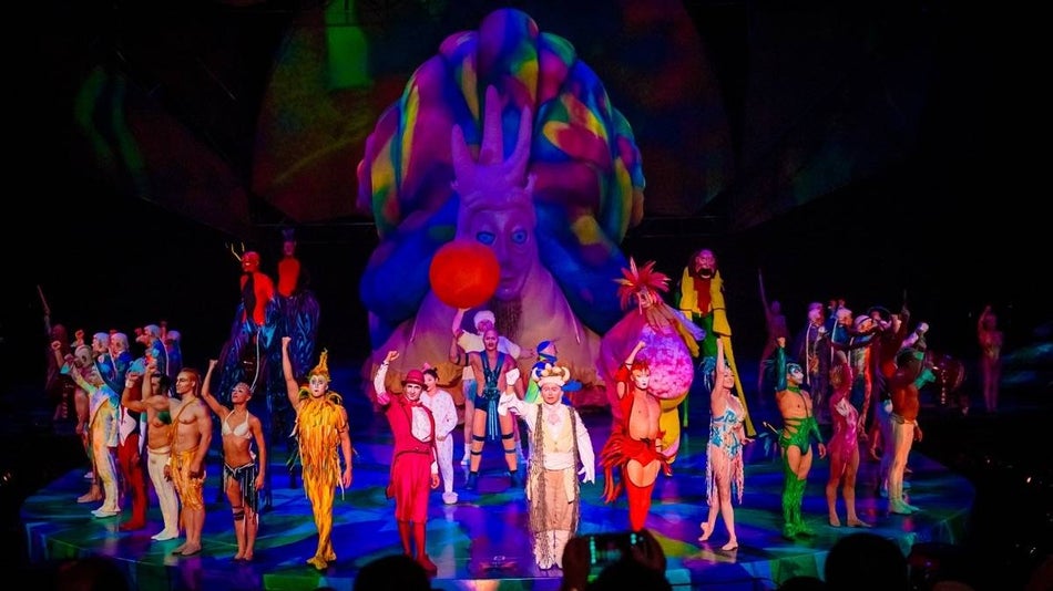 Cast of Mystère by Cirque du Soleil standing on stage