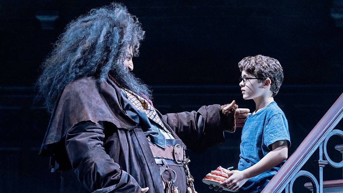 Hagrid character comforting Harry Potter character on stage at Harry Potter the Musical