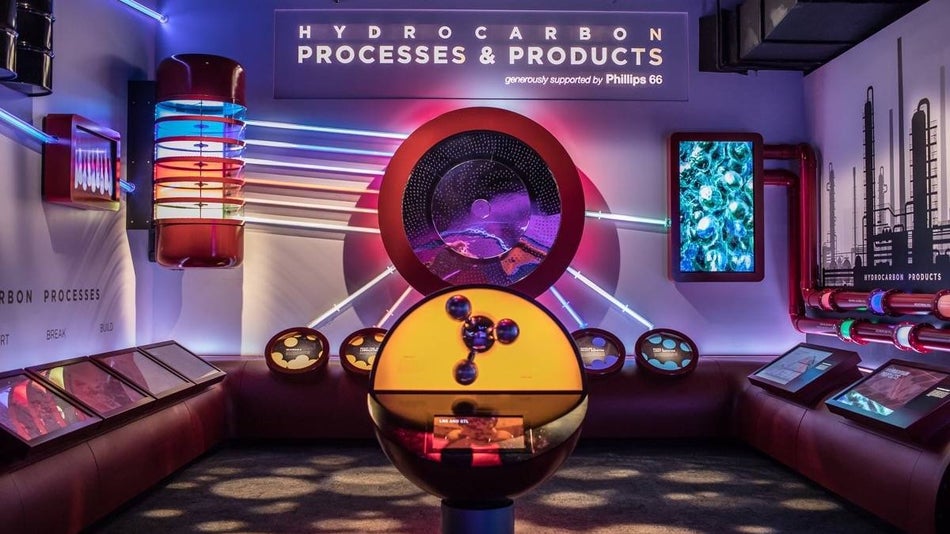 Interior exhibit showcasing hydrogen processes and products in the Houston Museum of Natural Science