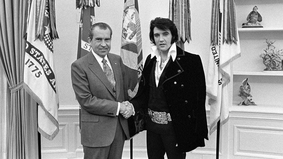 old image of President Nixon shaking hands with Elvis Presley