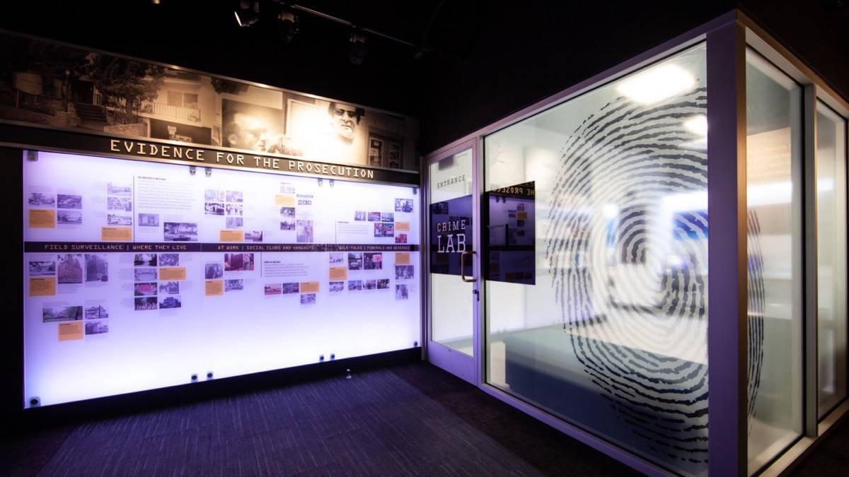 Interior exhibit of a crime lab inside the mob museum