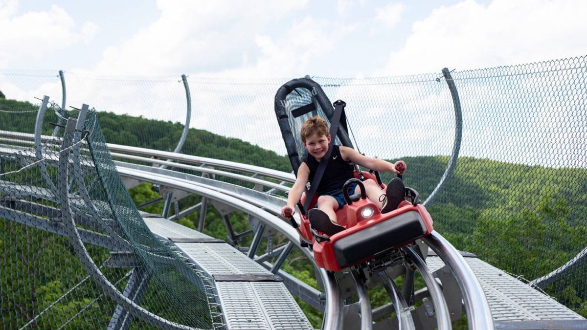 Boy on a red mountain coaster car holding on as he goes around a corner