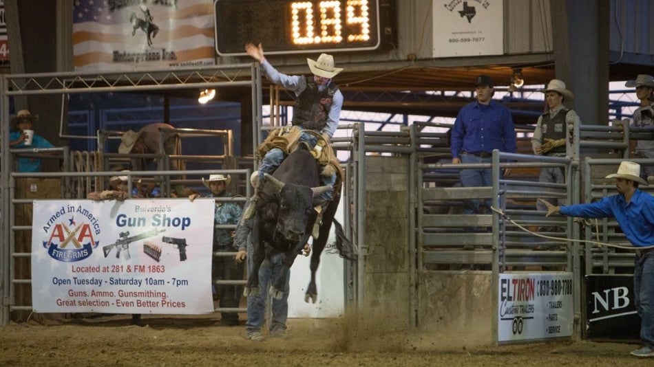 Bullrider on a bull coming out of a gate into a dirt arena