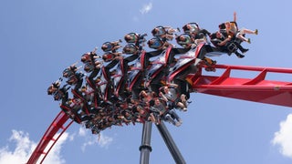 People riding a red roller coaster