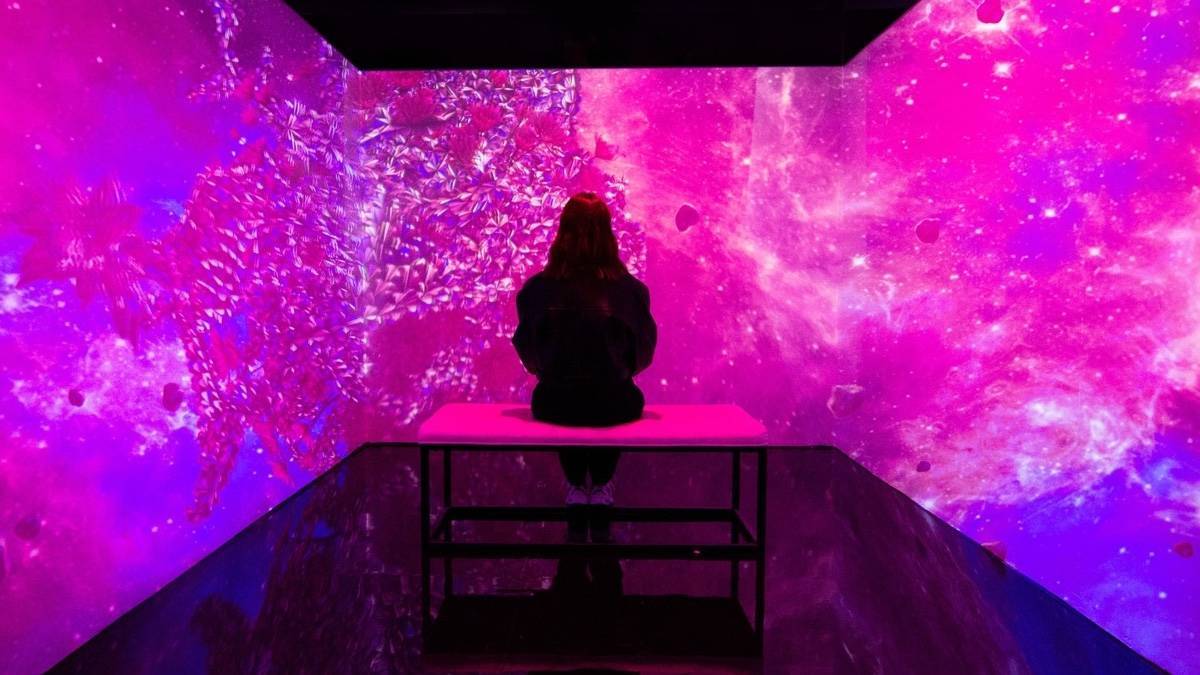 Large walls of pink and purple digitized art with a single person sitting on a bench looking at it all