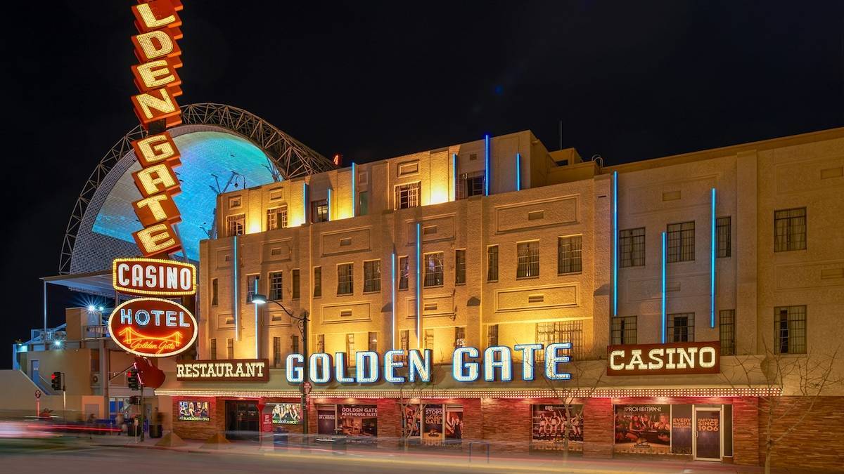 Exterior shot of a older style hotel on Fremont Street in Las Vegas