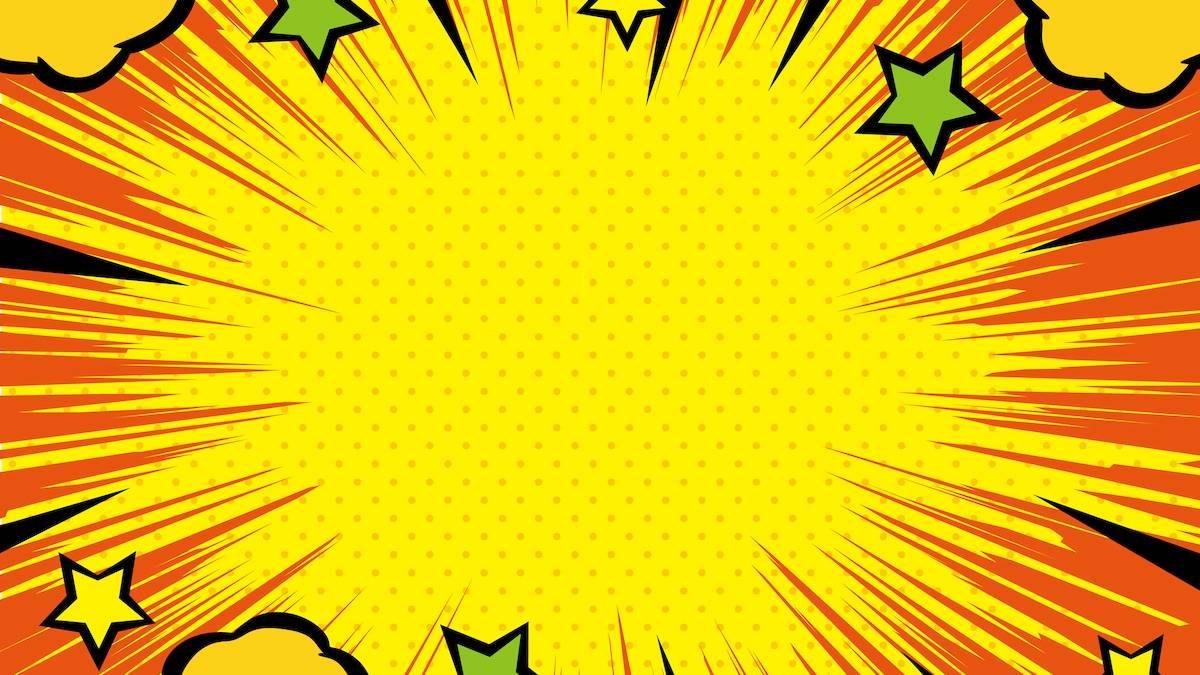 Yellow polka dot background with an orange burst and green and yellow stars