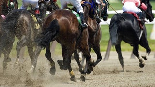 Several horses running on a dirt track with jockeys on their backs racing