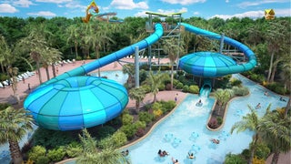 Two blue water slides twisting amongst tropical foliage with a pool at the bottom