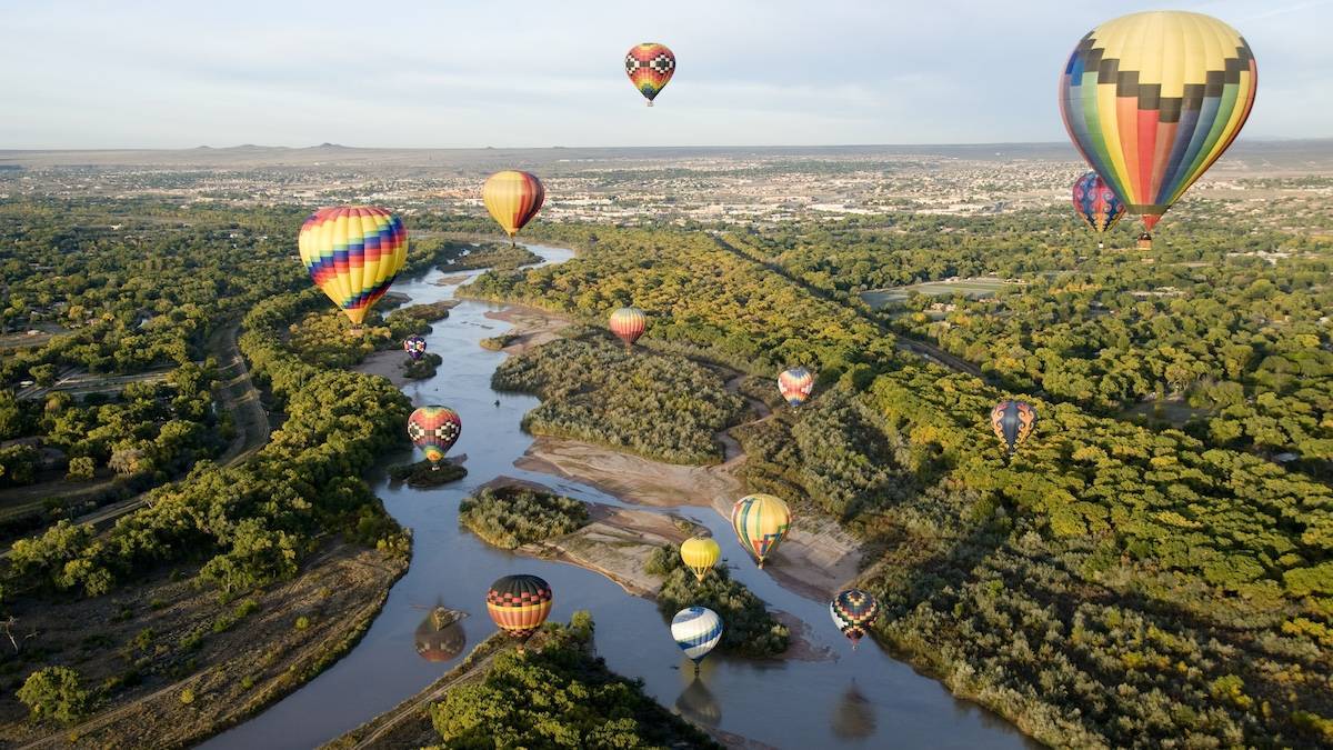 Several colorful hot air balloons in the sky over a river and green trees