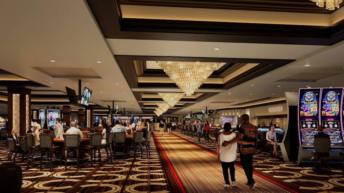 Interior shot of a casino with people walking around and gambling